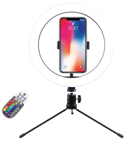 Set di treppiede da tavolo con luce di riempimento RGB da 10 pollici con telecomando Supporto per telefono girevole a 360 LED dimmerabili Ringlight da scrivania per trucco Fotografia Selfie Video