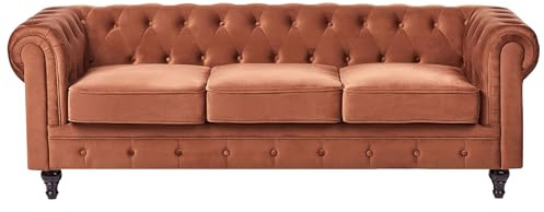 Soffa Klassisk 3-sits Knappar Tuftad Sammet Guldbrun Chesterfield