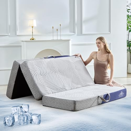 Lansteen Cooling Foldable Mattress, 4 Inch Memory Foam Mattress/Topper with Cold Breathable Effect, Trifold Mattress for Murphy Bed, Portable Folding Floor Bed for Guest, Camping, Travel, Yoga - Twin