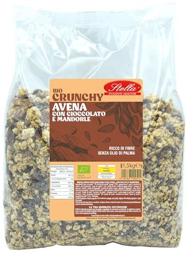 Stella Foods - Granola Crunchy Muesli Bio Avena Mandorle e Cioccolato 1,5kg – Granola Croccante Biologica Ricca di Fibre, Senza Olio di Palma – Cereali Colazione Scorta Famiglia – Formato Convenienza