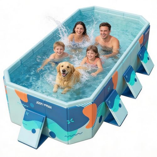 Large Foldable Family Swimming Pool for Kids & Dogs, 115 L x 65 W x 21.5 D Hard Plastic Square Pool with Reinforced Sidewalls and Easy Setup for Backyard