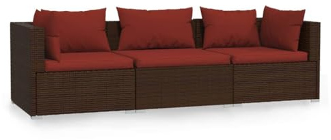 PUGYNBK Poly Rattan Sofa Braun 3-Sitzer Gartensofa mit Kissen, PE Rattan Sofa für Terrasse, pulverbeschichteter Stahlrahmen, modulares Design