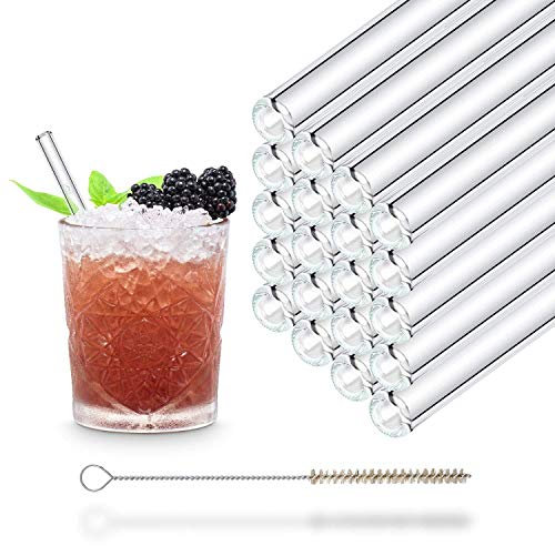 HALM Pailles en verre courtes - 20 pièces droites 15 cm - Ensemble de pailles en verre Réutilisables + brosse de nettoyage sans plastique - Siphons en verre pour verres à cocktail, verres pour enfants