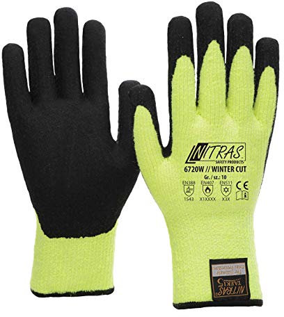 NITRAS 12 Paar Winter-Cut Handschuhe TAEKI5 6720W - neon-gelb Latexbeschichtung, Schnittschutz, Kälteschutz, Kontakthitzebeständig, Größe:8