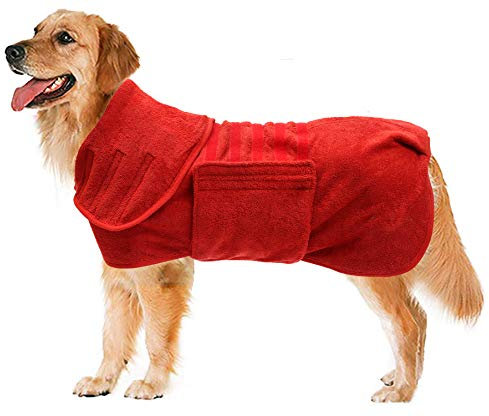 Geyecete Hundebademantel aus Mikrofaser, schnell trocknend Badetuch mit Klettverschluss,sehr saugfähig Bademantel für Hunde und Katzen,Haustier Handtuch-Rot-XL