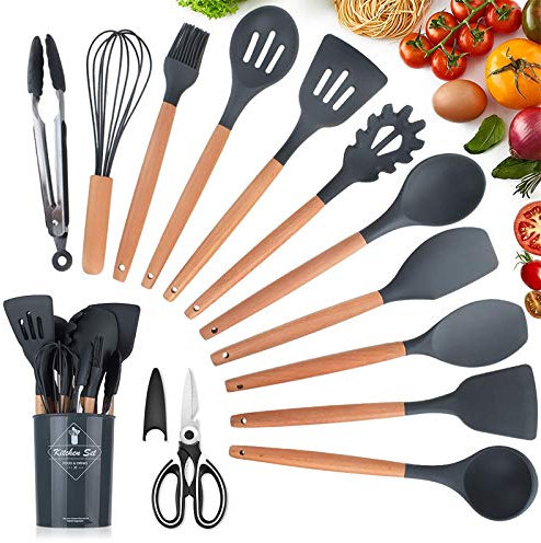 KagoLing - Set di utensili da cucina in silicone con supporto, 13 pezzi, con manico in legno senza BPA, con cucchiai, spatola, spatola, pinze da cucina, pennello, frusta, paletta per pasta