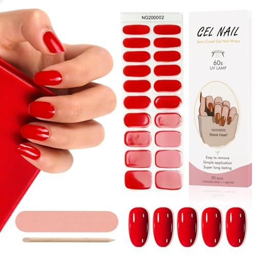 Kalolary Gel Semicurado de Pegatinas, 20Pcs Pegatinas Esmalte de Uñas Envoltura Pegatina Calcomanías Autoadhesivas con Lima de Uñas para Arte de Uñas DIY (Requiere Lámpara UV/LED) (Rojo)