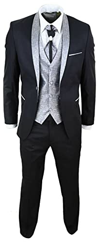Traje Completo Negro de 4 Piezas para Novio con Cierre de 2 Botones con Cuello Chal y Corbata, Ajuste Personalizado, Estilo Clásico 46