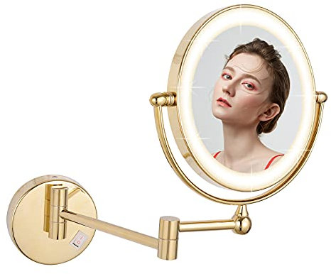 DOWRY Kosmetikspiegel mit Beleuchtung Wandmontage Vergrößerungsspiegel mit Licht 10 Fach Gold Schminkspiegel 360° Schwenkbar Erweiterbar Doppelseitiger Spiegel mit Vergrößerung,Ø20 cm