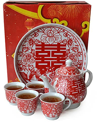 Juego de regalo de té chino, bandeja de 4 tazas para adultos, hombres y mujeres, ceremonia de té, fiesta de boda, decoración del hogar (doble felicidad (& # 8217)