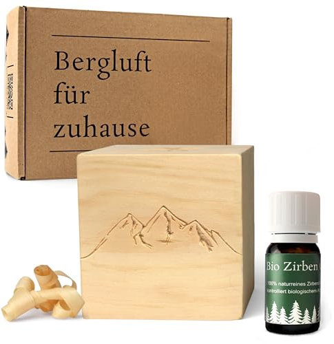 Alpen Zirben-Würfel Duft-Set | Zirbenholz-Würfel mit Motiv und Tropfstruktur + Zirben-Öl (10 ml) | Duftspender aus Holz (Berge)