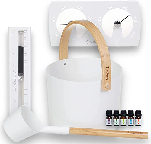 SULENO - Sauna Set KJELL 2 | 9-teilig - Saunakübel, Saunakelle, Klimamesser 2in1, Sanduhr, Saunadüfte, Saunazubehör (Weiß)