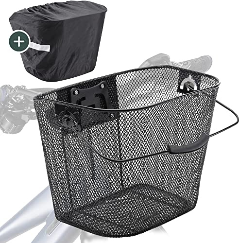 EASYCLICK Fahrradkorb Vorne Abnehmbar [15L Volumen] Metall | Regenschutz | für E-Bikes und jeden Lenker geeignet | mit Klicksystem und Schnellbefestigung | Einkaufskorb mit Tragegriff, Schwarz