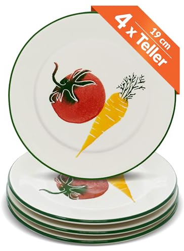 Lashuma 4er Keramik Teller Set 19 cm Ø, Speiseteller bunt flach, Kuchenteller rund Gemüse