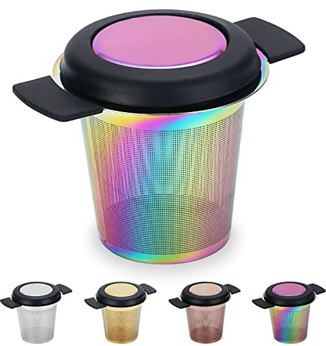 Kyraton Regenbogen Teesieb für Losen Tee aus 304 Rostfreiem Edelstahl, Bunte Beschichtung aus Titan Tee und Kaffee Filter, feinmaschige Filter mit Doppelgriffe zum Aufhängen an Teekannen, Bechern