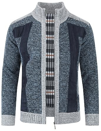 Allthemen Cárdigan Hombre Suéter de Invierno con Forro Grueso Tipo con Cuello alzado y Cremallera para Hombre Azul S