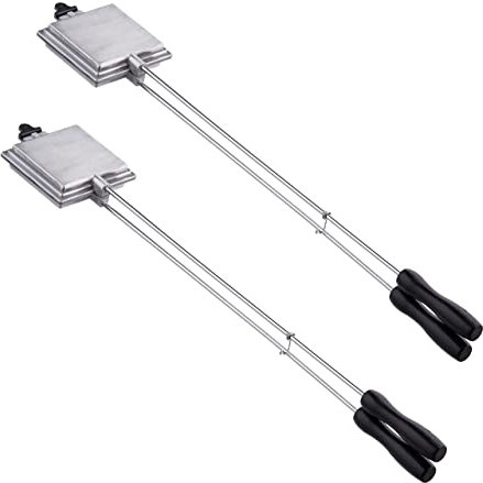 Relaxdays 2 x Sandwicheisen Camping, Outdoor Sandwichmaker Grill, Gaskocher, Griff: 57 cm lang, Toasteisen: 10x10 cm, Silber