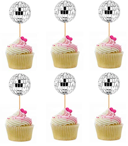 Diyxisk Cake Decorations 6 Pack Disco Ball Cake Topper, Table Decorations, Happy Birthday Cake Topper Party Decoration Cake Toppers For Parties, Kids, Weddings, Silver