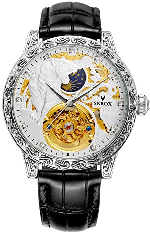 FORSINING Orologio da uomo di lusso, scheletro, fasi lunari, automatico, a carica automatica, con cinturino in vera pelle, Bianco e nero, Cinturino