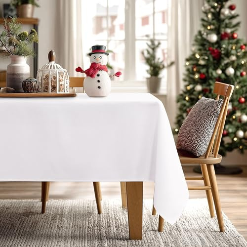 JIUZHEN Weisse Tischdecke Wasserabweisend Abwaschbar Leinenoptik Tischtuch | Wasserabweisende Tischdeke Küche Esszimmer Balkon Stoff Camping Innen Außen 135x160 cm Weiß