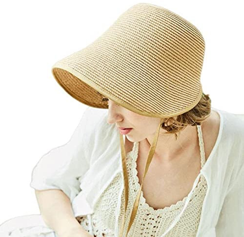 TOBILE Sonnenhut, Strohhut, Regency-Haube, Hüte für Damen, Party, Sonnenhut, Schleife, Strandkappe, große breite Krempe, Glockenhut, Fedora, Chapeau Femme, hellbraun, M (55-58cm)