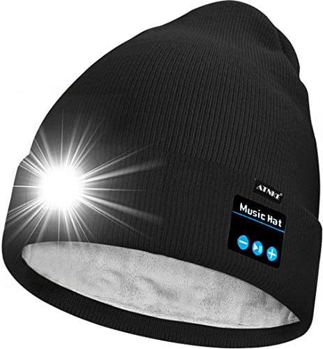 ATNKE Unisex LED Bluetooth Mütze mit Licht,Wiederaufladbare USB 4 LED Musik Redner Laufmütze Lampe Winter Warme Gefüttertes Fleece Stricken Mütze für Herren und Damen Geschenke