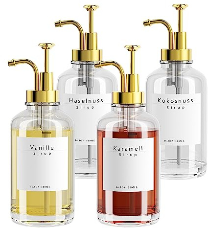 BOLLFO Kaffeesirup Pumpspender für Kaffee Bar Zubehör, Kaffee Pumpen Spender, Glas Sirup Flasche Sirup Pumpspender Kaffeesirupspender mit 58 Etiketten, 16.9oz 500ml, 4er-Set.