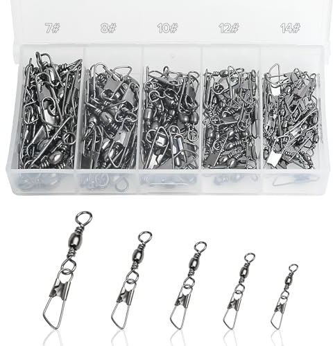 Realure 100/200 Stück Wirbel Angeln Forellen Angeln Wirbelkarabiner Edelstahl Angelwirbel Mit Karabiner Fischköder Angel Wirbel fur Salzwasser Wirbel, Angelzubehör Wirbel 5 Größe 7# 8# 10# 12# 14#