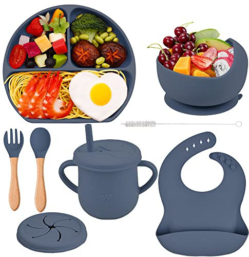 Hoseay Baby Geschirrset 8 Stücke Silikon Kindergeschirr Set Rutschfest Kinderteller mit Saugnapf Schüssel Lätzchen Löffel Gabel Trinklernbecher BPA Frei Baby Essen Set Kleinkinder Jungen, Navy Blue
