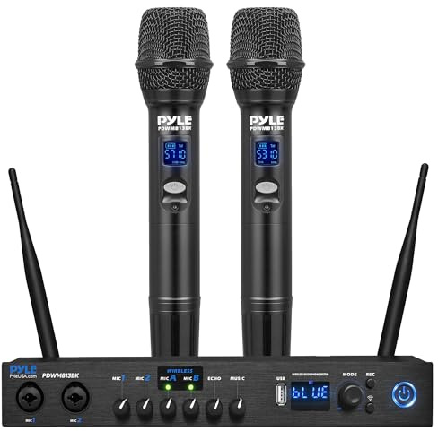 Pyle Digital Wireless Microphone System with Bluetooth - Includes 2 Dynamic UHF Handheld Mics, Portable Long-Range Receiver w/Built-in Echo Effect - for Live Pro Audio, Karaoke, Studio - PDWM813BK