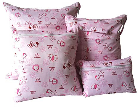 Wetbag Nassbeutel,4 Stück Wasserdichte Windeltasche für unterwegs Stoffwindeln Nasstaschen Wäschebeutel Wetbag Organiser Windelbeutel Kinderkarten Organiser Beutel für Mädchen Jungen -rosa Tiere