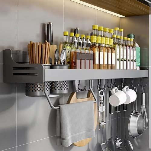Edumov Gewürzregal Wand, Gewürz Organizer Ohne Bohren, Gewürzregale Hängend, Gewürzhalter Kleben, Küchenregal Wand Metall für Schranktür,Küche, Spice Rack, 80cm, Grau