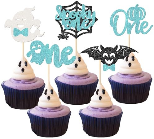 Xsstarmi 30 Pack Halloween Spooky One Cupcake Toppers Glitter Spider Ghost Bat Pumpkin First Birthday Cupcake Picks for Halloween Baby Shower Gender Reveal 1st Birthday Party Cake Decorations