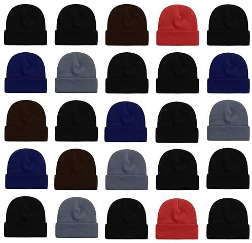 25 Pack Winter Beanie Hats, Unisex Thermal Toboggan Cold Weather Cuffed Caps Bulk Bundle