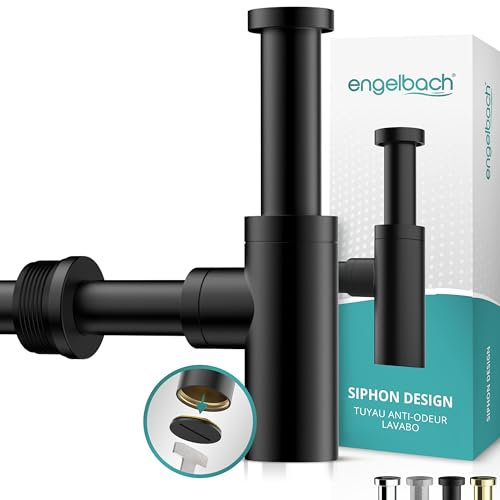 Engelbach® Design Siphon Waschbecken Schwarz - Mit Reinigungsöffnung - Universal Abflussrohr 1 1/4 - Geruchsverschluss, Syphon inkl. Gummimanschette und Anleitung