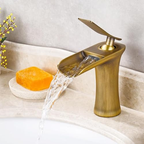 ZYCDP Waschbeckenarmatur Bad Retro Einhebel Mischbatterie Badarmatur aus Messing Wasserhahn Waschbecken Bad Wasserfall, Antike, Kurz