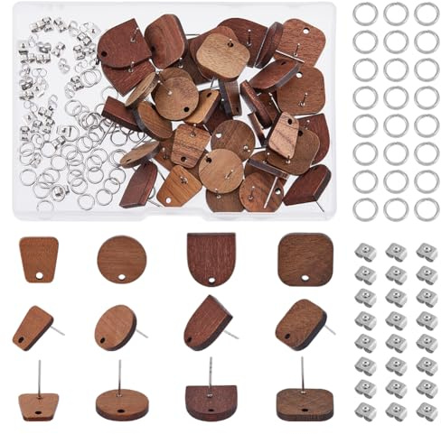 DICOSMETIC 40 pièce 4 styles de Boucles D'Oreilles à Tige en Bois Marron Noix de Coco Boucles D'Oreilles Plates en Bois avec Anneaux Ouverts pour la Fabrication de Bijoux, Trou: 1.8-2mm