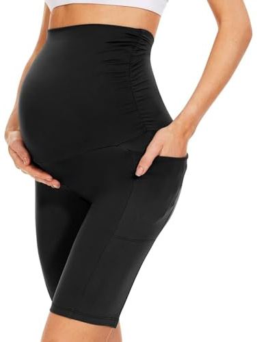 QGGQDD Kurze Umstandsleggings mit Taschen Umstands Radlerhose Damen Umstandshose Kurz Schwangerschaft Für Schwangere(Schwarz,Large)