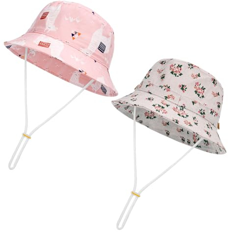 Partideal 2 Pcs Toddler Bucket Sun Hat Adjustable Head Drawstring and Chin Strap Pink,White