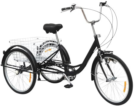 DGJMuu Dreirad für Erwachsene 24 Zoll, 6 Gänge 3 Rad Fahrrad mit Einkaufskorb, Schwarz Schaltung Dreirad für Erholung, Einkaufen, Picknicks, Reisen