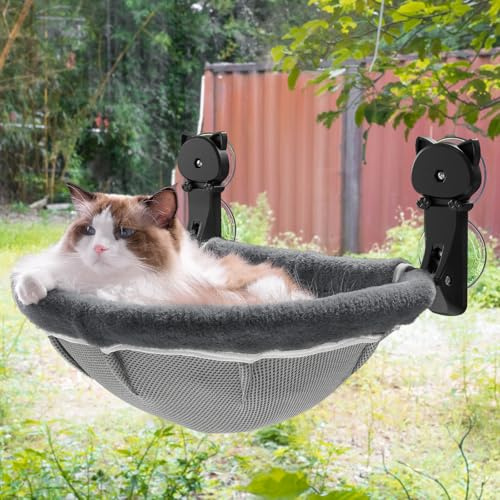 JUNSPOW Percha para Ventana de Gato inalámbrica, Plegable y Estable, Hamaca Transpirable con Ventana para Gatos, para Pasar el Sol, Escalar, soporta hasta 40 Libras (Gris, Piel de Conejo sintética)