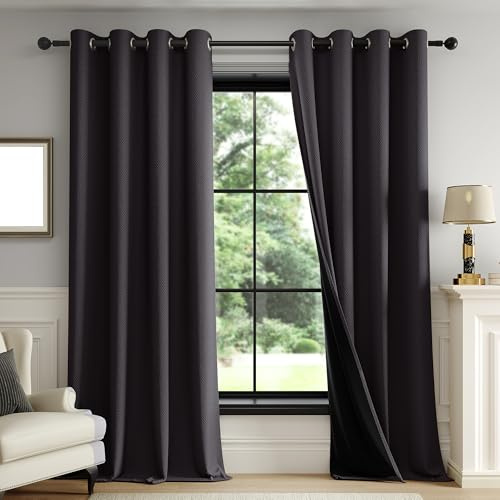 Fmfunctex Blackout Thermal Curtains for Living Room 84 Inch Drop Black Eyelet Curtains for Bedroom Weave Textured Light Blocking Energy Saving Window Curtain Drapes 2 Panels