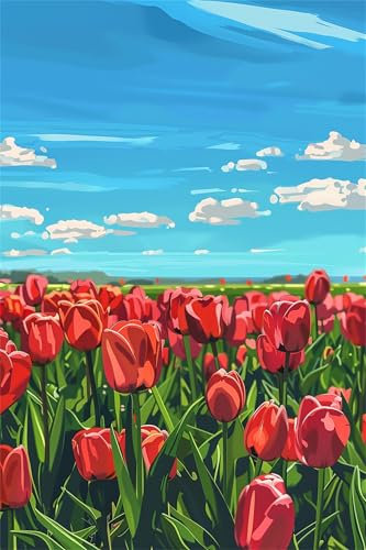 Tulpe Malen Nach Zahlen Erwachsene Groß 50x70cm, Malen Nach Zahlen Blume, Kreativ Set für Erwachsene, DIY Handgemalt Ölgemälde Leinwand Kit mit 3 Set Pinseln Acrylfarben, Home Wand Dekor, Rahmenlos