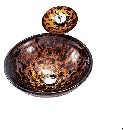 DYKKLKQ Artistic Vessel Sink Bathroom Tempered Glass Vanity Sink, Round Bowl with Waterfall Faucet Chrome and Pop up Drain Combo, Above Counter Household Lavatory Bowl, Flame Bro