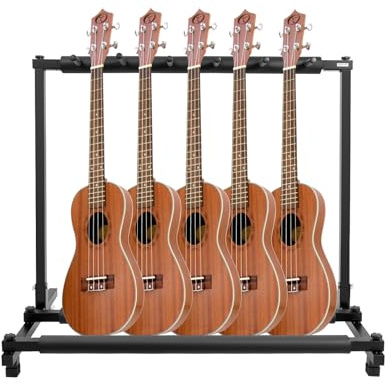 WOLEGM 5 Fach Gitarrenstaender Mehrfach, Gitarrenständer mit 6 Abgerundete Heringe und Blumenförmige Knöpfe für Aufbewahrung und Präsentation 5 Akustikgitarren
