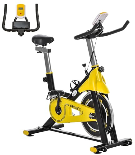 HOMCOM Vélo d'appartement avec résistance réglable pour fitness avec écran LCD, guidon, roues et siège réglable pour salle de sport, maison, jaune et noir
