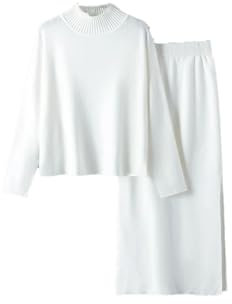 2-teiliges Strickset für Damen, Maxi-Rock, Trainingsanzüge, warmer Rollkragenpullover + langer, gerader Midirock, weiß, Einheitsgröße
