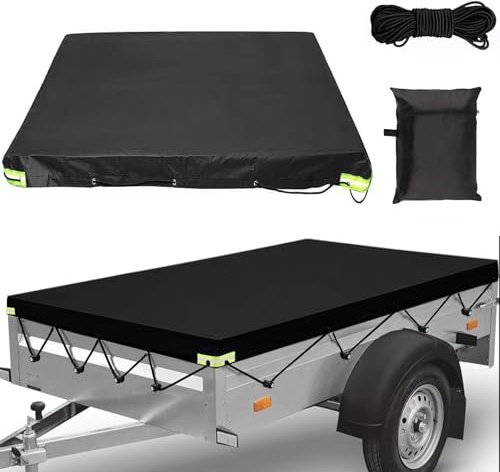 Anhängerplane Flachplane 214x122x13cm Wasserdicht Sunproof Anhängerabdeckung mit 8M Seil und Aufbewahrungstasche, Reißfesten Oxford Anhängerplane Flachplane Randverstärkung für 750 kg Trailer Auto
