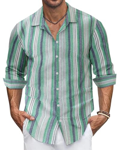Ryehack Herrskjorta, långärmad, randig linneskjorta, fritidsskjorta med knappar, Hawaii skjorta, S-3XL, Grön, M
