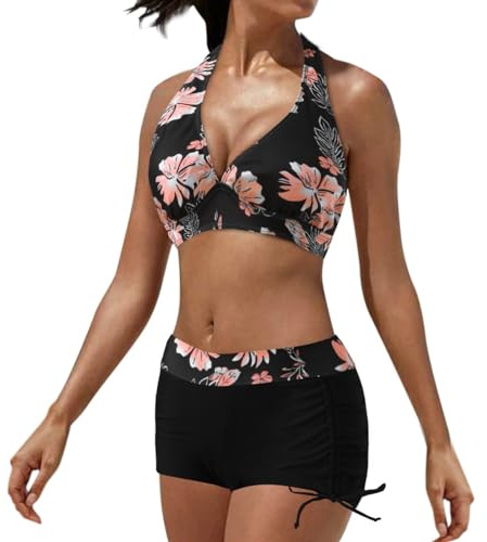 Bikini Damen Set, Badeanzug Push Up Bikinis Bademode Bikinisets Bikini-Set Shape Bikinihose Rosa Neckholder High Waist Teenager Mädchen Badeanzüge Zweiteiliger Curvy